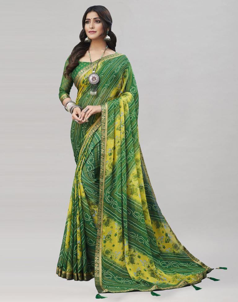 Green Floral Bandhani Printed Chiffon Saree | Sudathi