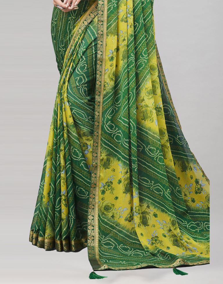 Green Floral Bandhani Printed Chiffon Saree | Sudathi