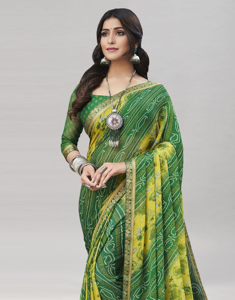 Green Floral Bandhani Printed Chiffon Saree | Sudathi
