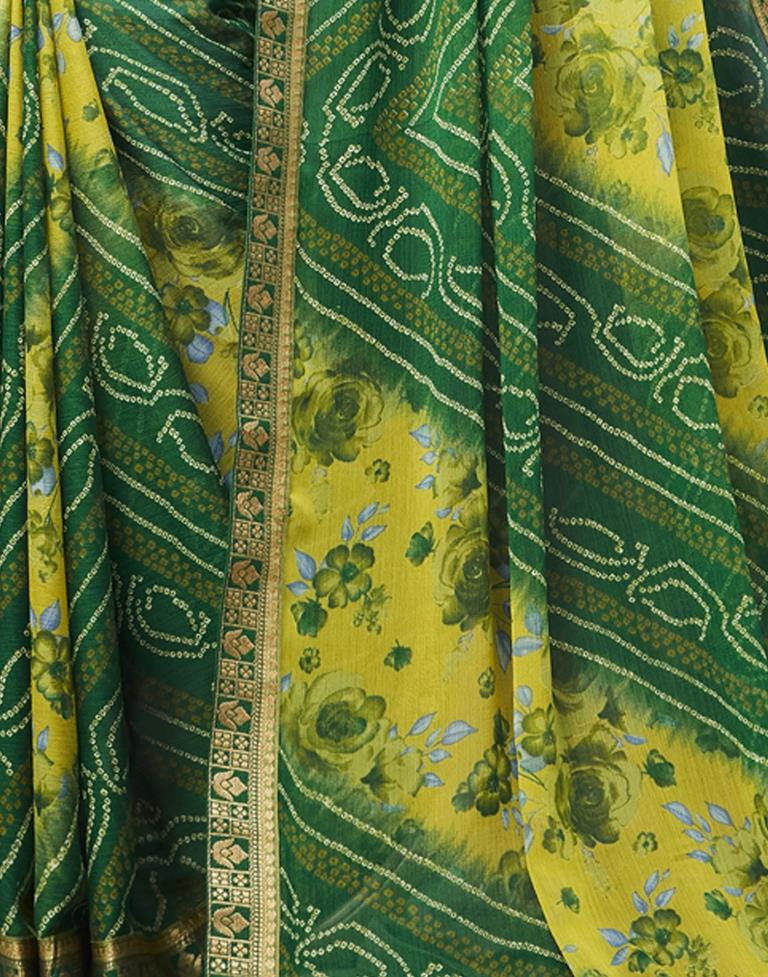 Green Floral Bandhani Printed Chiffon Saree | Sudathi