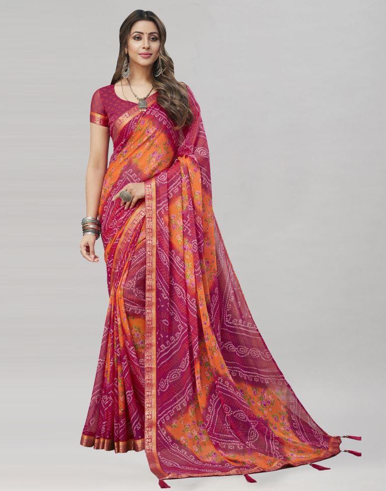 Pink Floral Bandhani Printed Chiffon Saree | Sudathi
