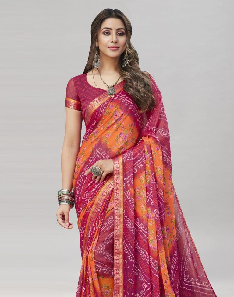 Pink Floral Bandhani Printed Chiffon Saree | Sudathi