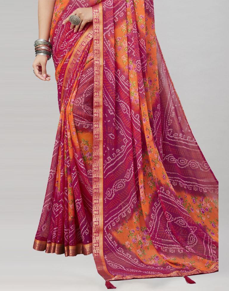 Pink Floral Bandhani Printed Chiffon Saree | Sudathi