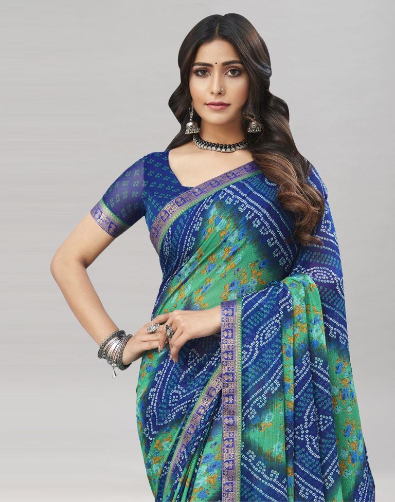 Blue Floral Bandhani Printed Chiffon Saree | Sudathi