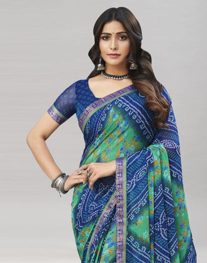 Blue Floral Bandhani Printed Chiffon Saree | Sudathi