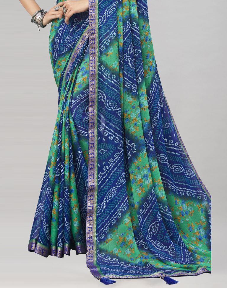 Blue Floral Bandhani Printed Chiffon Saree | Sudathi