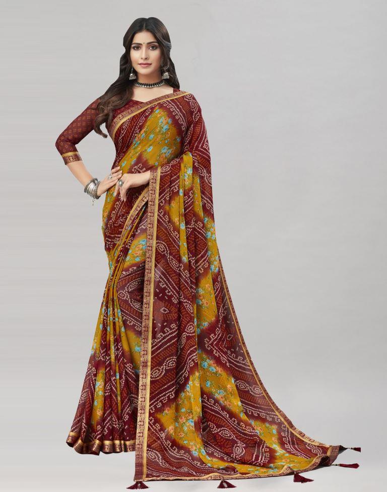 Maroon Floral Bandhani Printed Chiffon Saree | Sudathi
