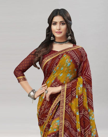 Maroon Floral Bandhani Printed Chiffon Saree | Sudathi