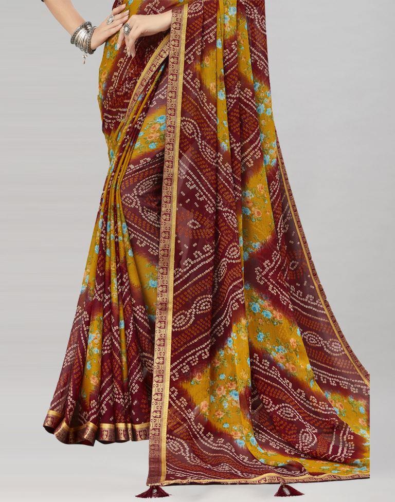 Maroon Floral Bandhani Printed Chiffon Saree | Sudathi