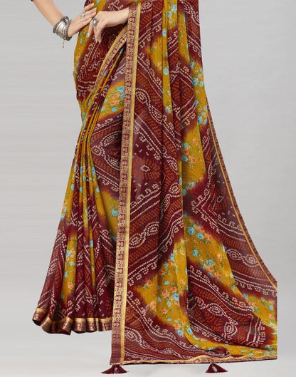 Maroon Floral Bandhani Printed Chiffon Saree | Sudathi