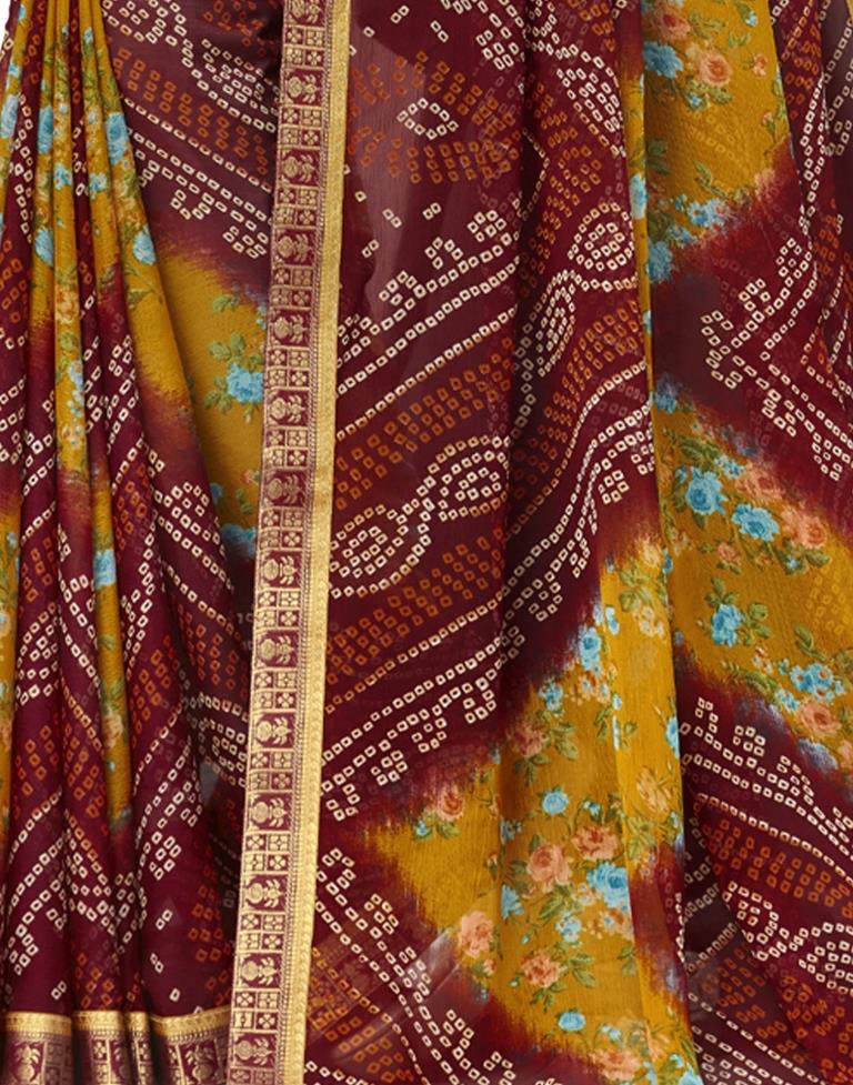 Maroon Floral Bandhani Printed Chiffon Saree | Sudathi