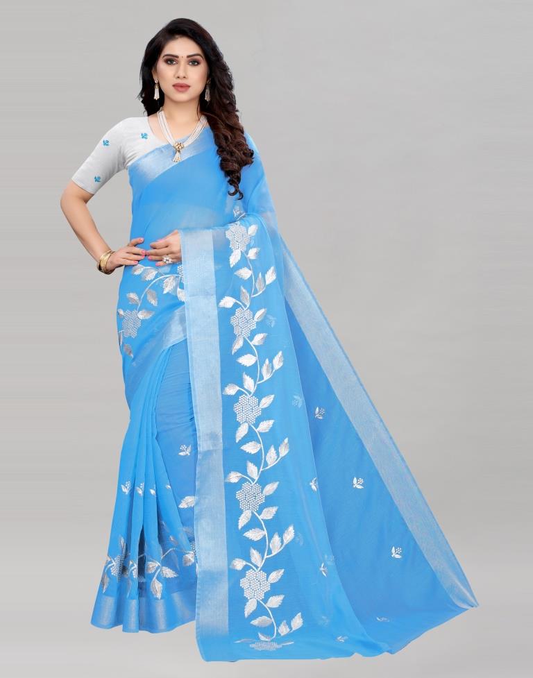 Sky Blue Embroidered Cotton Saree | Sudathi
