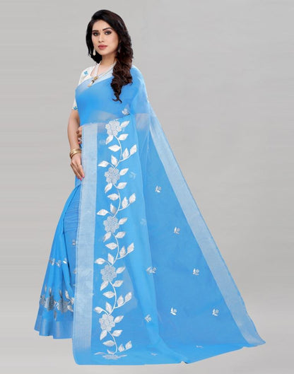 Sky Blue Embroidered Cotton Saree | Sudathi