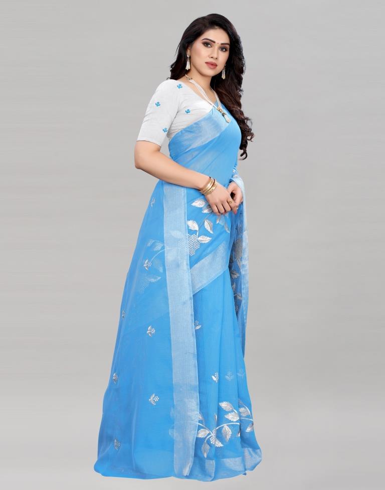 Sky Blue Embroidered Cotton Saree | Sudathi