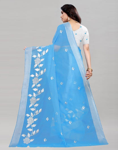 Sky Blue Embroidered Cotton Saree | Sudathi