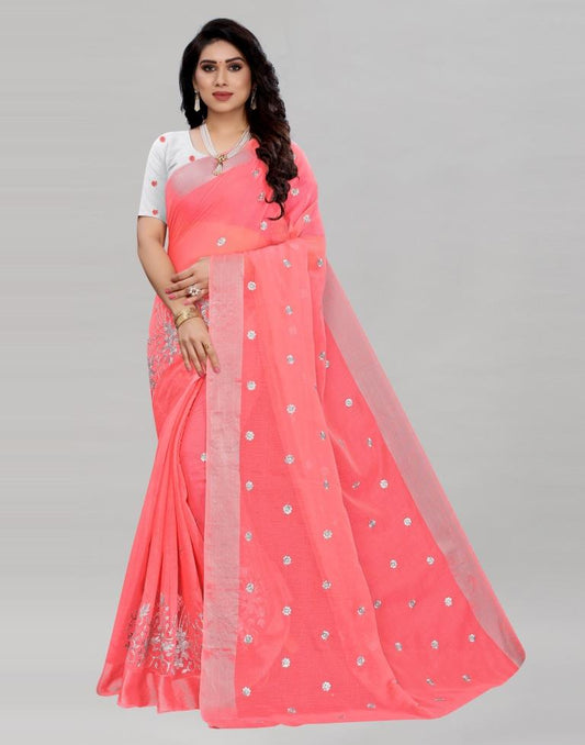 Coral Pink Embroidered Cotton Saree | Sudathi