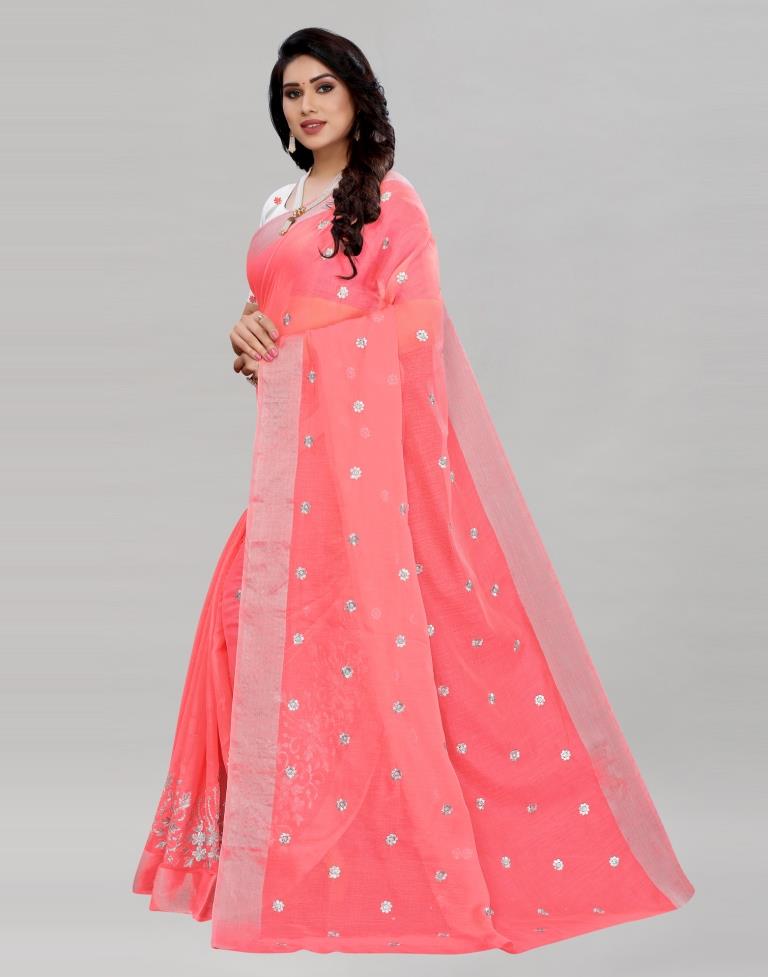 Coral Pink Embroidered Cotton Saree | Sudathi