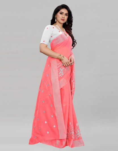 Coral Pink Embroidered Cotton Saree | Sudathi