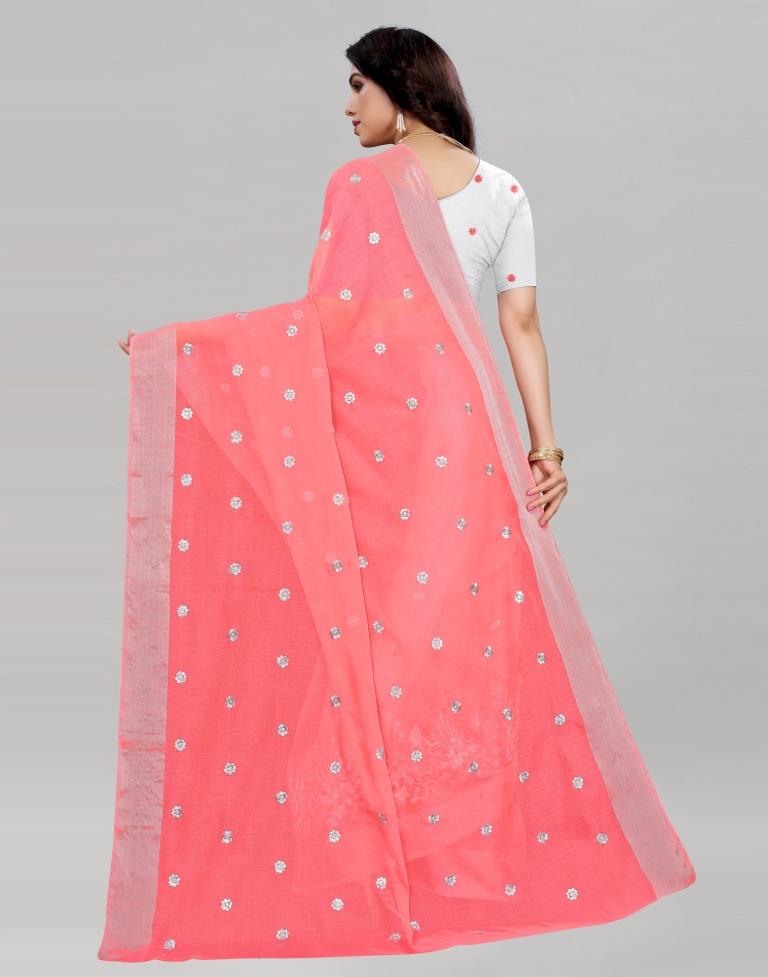 Coral Pink Embroidered Cotton Saree | Sudathi