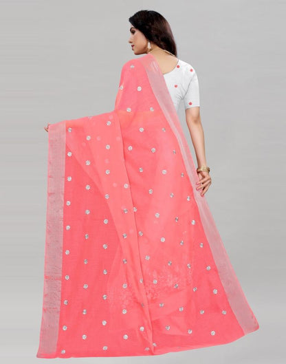 Coral Pink Embroidered Cotton Saree | Sudathi