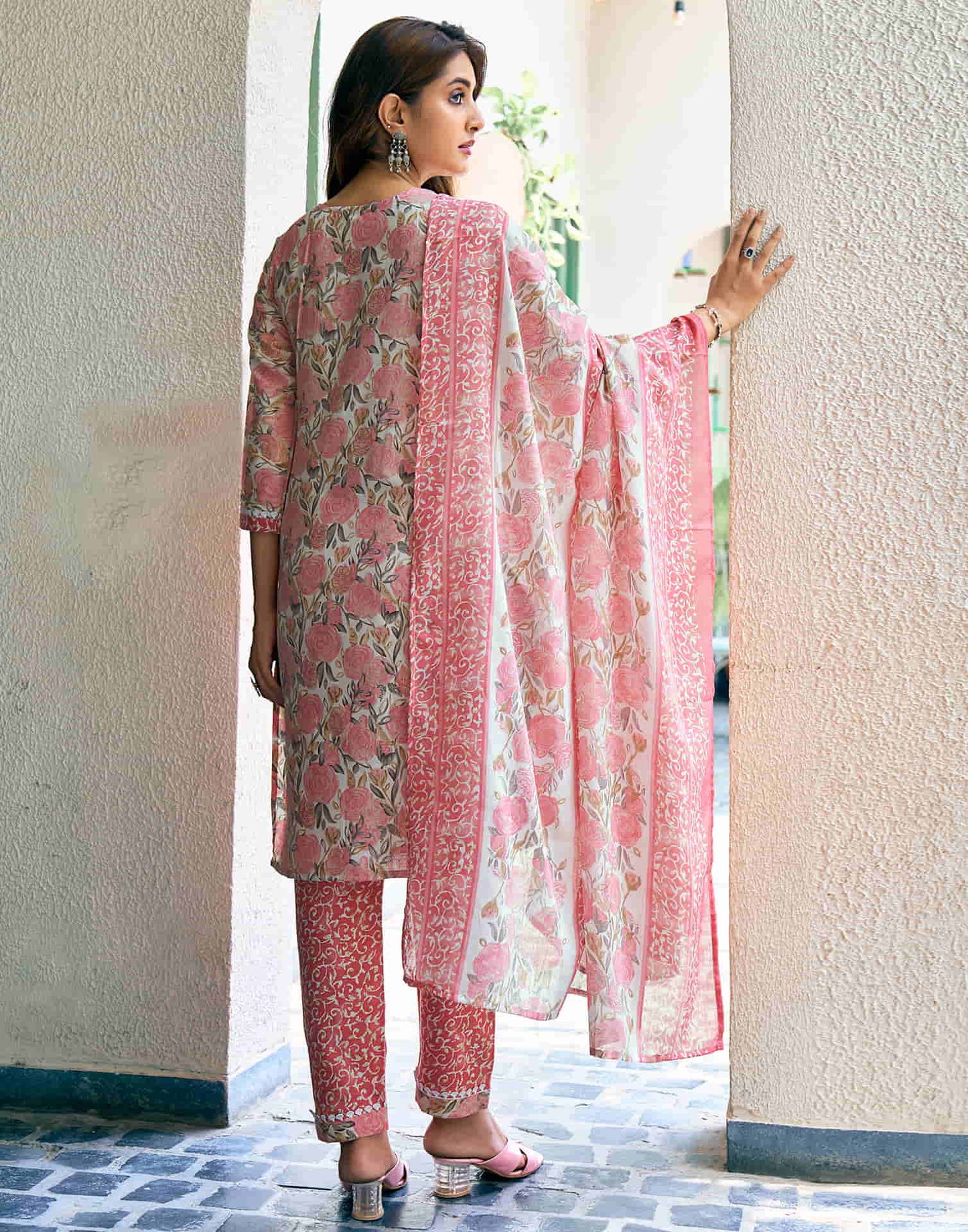 Rose Pink Printed Cotton Straight Kurta With Pant And Dupatta