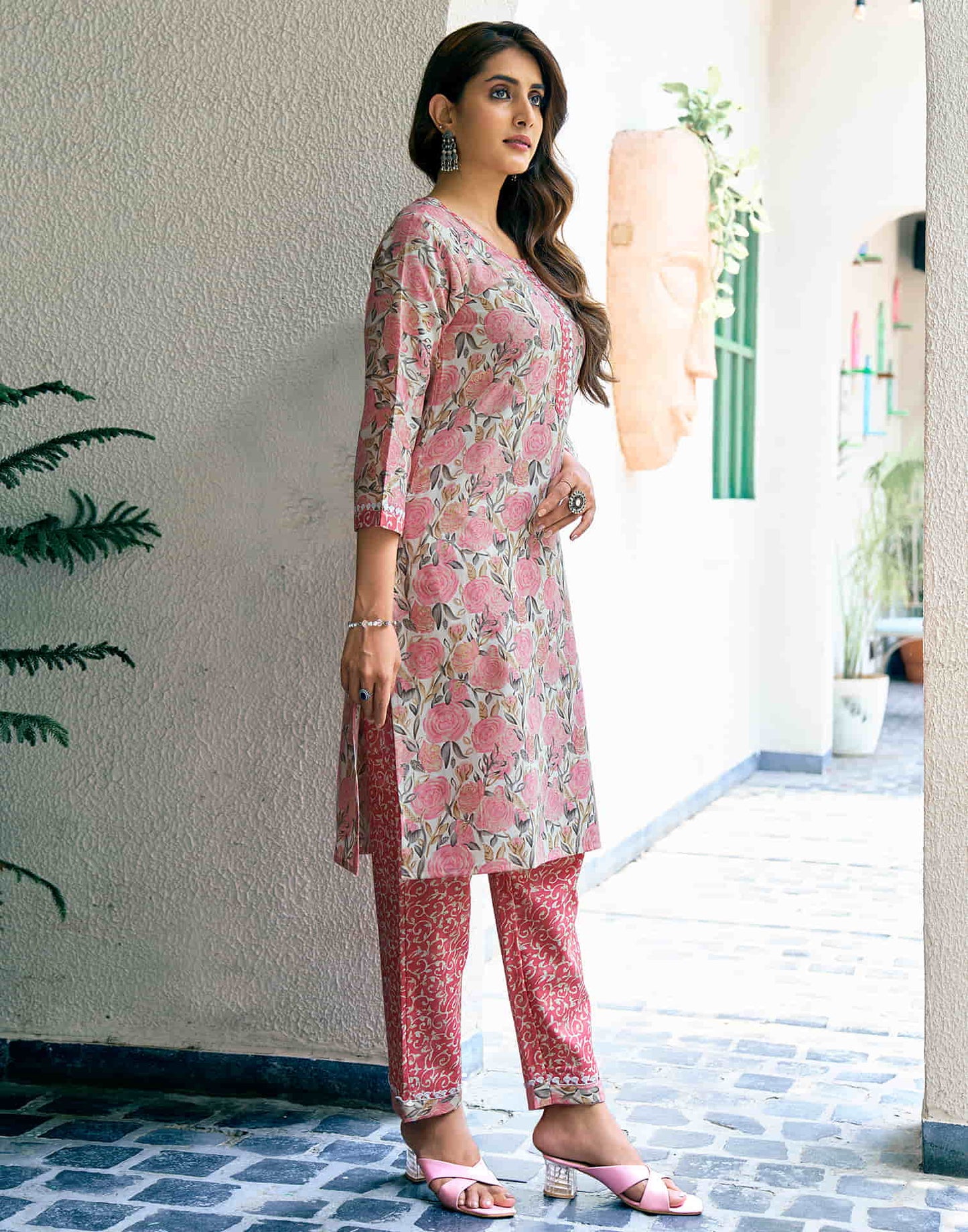 Rose Pink Printed Cotton Straight Kurta With Pant And Dupatta