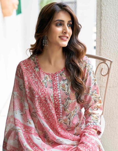 Rose Pink Printed Cotton Straight Kurta With Pant And Dupatta