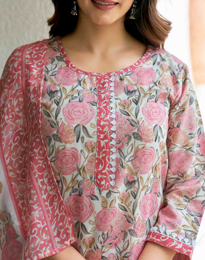 Rose Pink Printed Cotton Straight Kurta With Pant And Dupatta