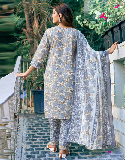 Grey Printed Cotton Straight Kurta With Pant And Dupatta