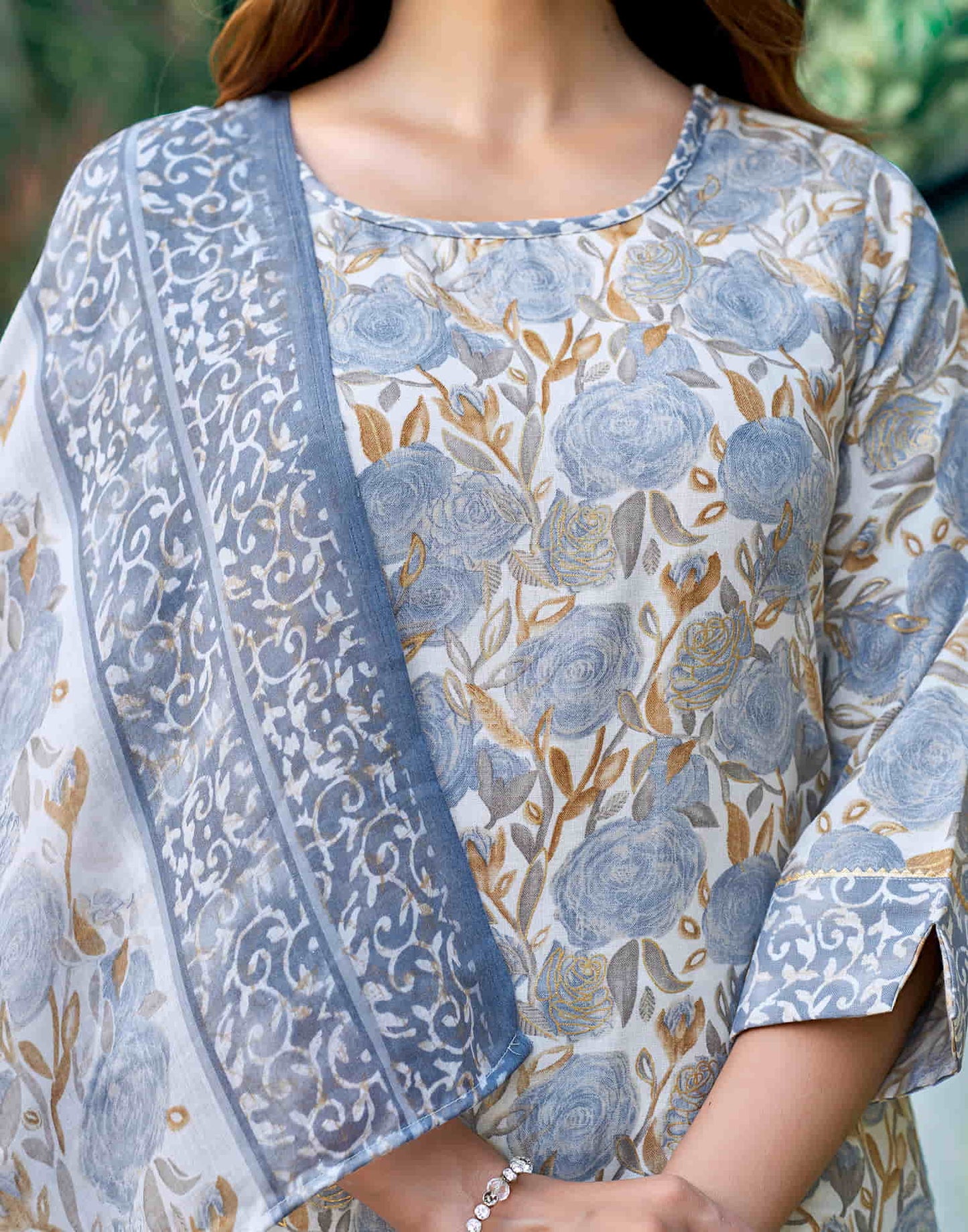 Grey Printed Cotton Straight Kurta With Pant And Dupatta