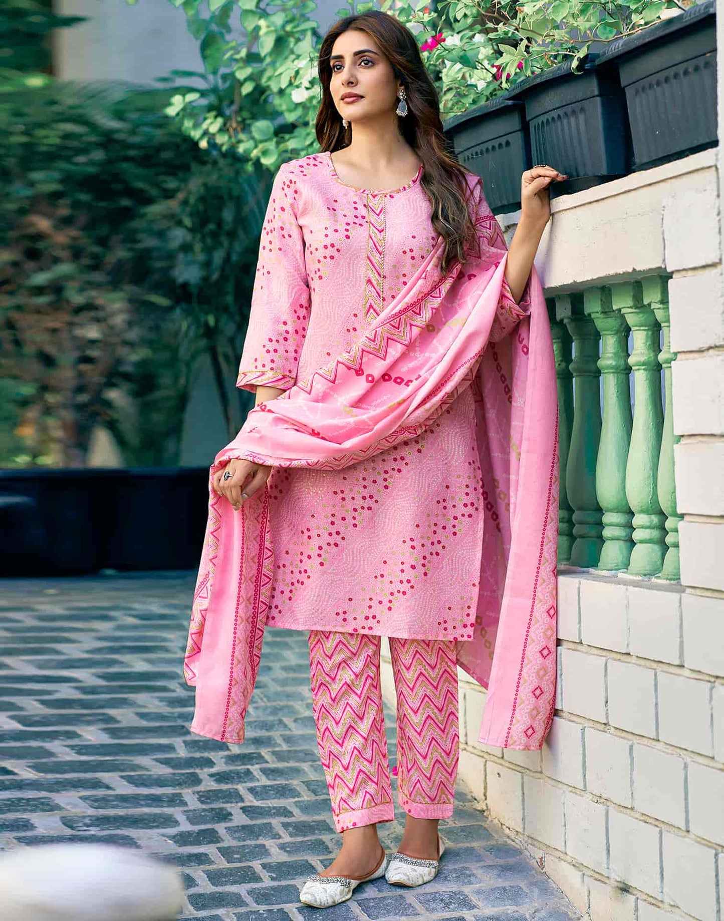 Rose Pink Printed Cotton Straight Kurta With Pant And Dupatta