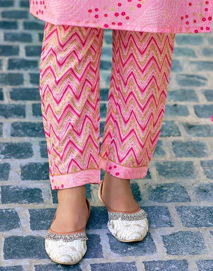 Rose Pink Printed Cotton Straight Kurta With Pant And Dupatta