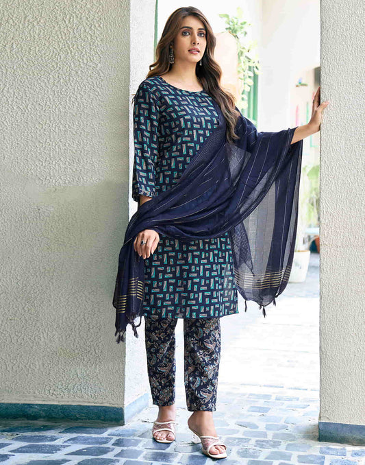 Navy Blue Printed Rayon Straight Kurta With Pant And Dupatta