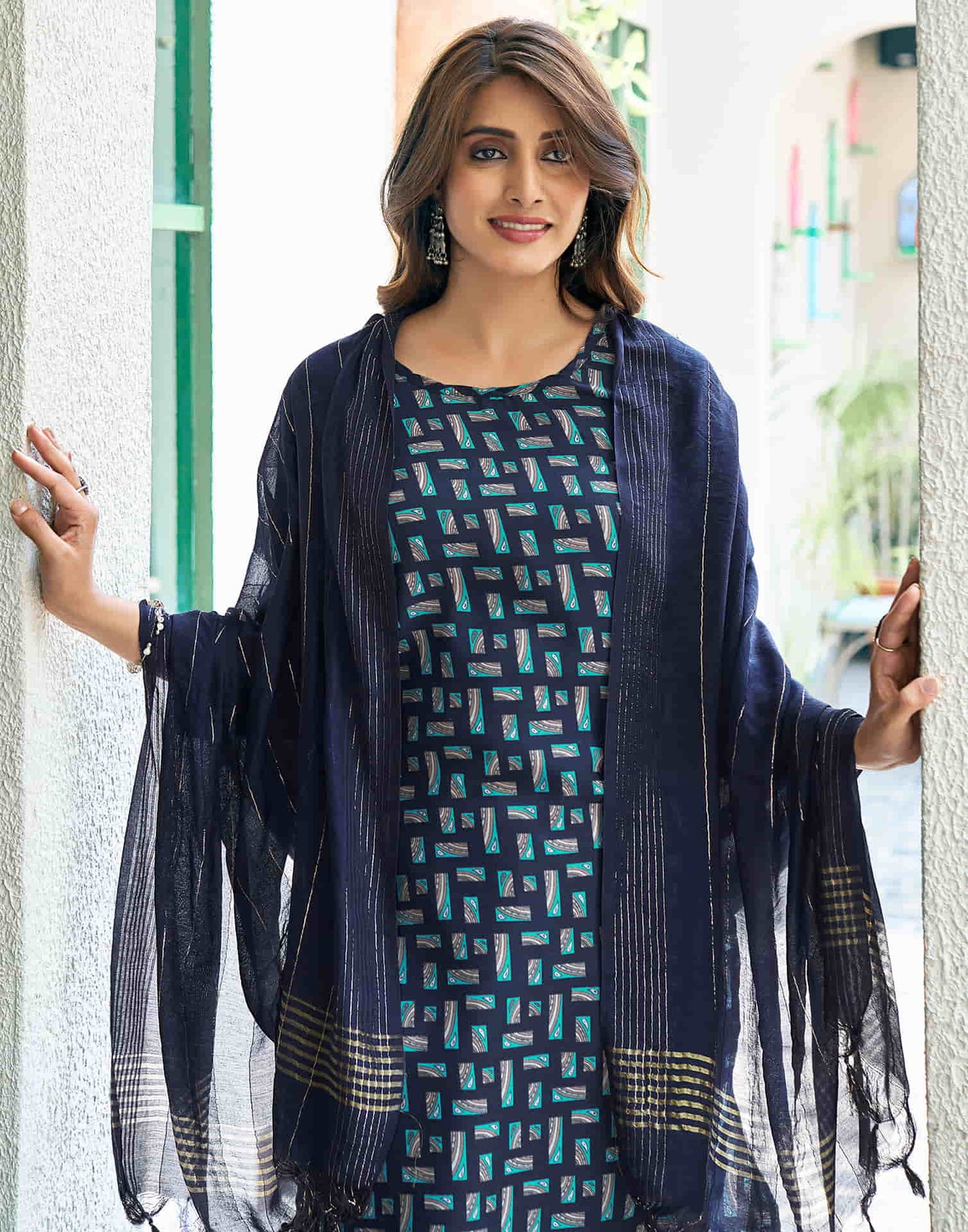 Navy Blue Printed Rayon Straight Kurta With Pant And Dupatta