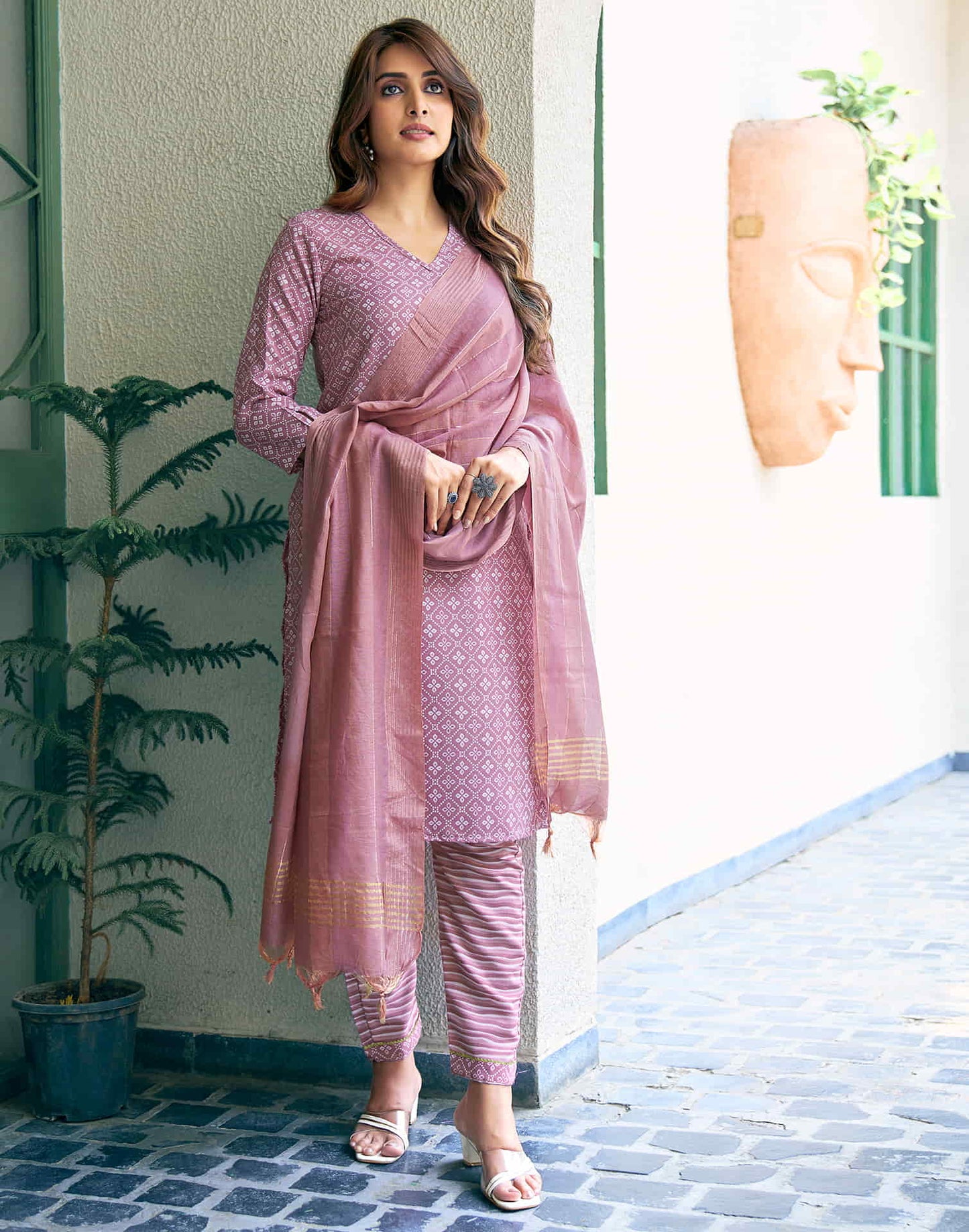 Mauve Printed Cotton Straight Kurta With Pant And Dupatta