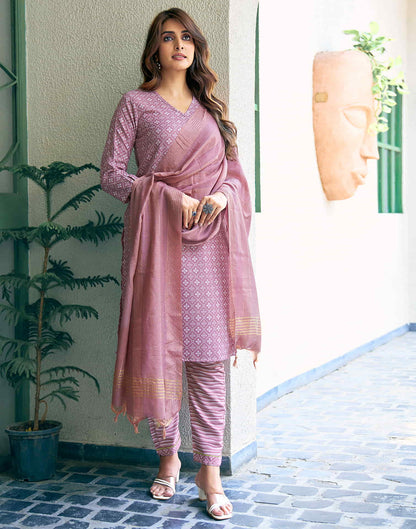 Mauve Printed Cotton Straight Kurta With Pant And Dupatta