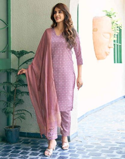 Mauve Printed Cotton Straight Kurta With Pant And Dupatta