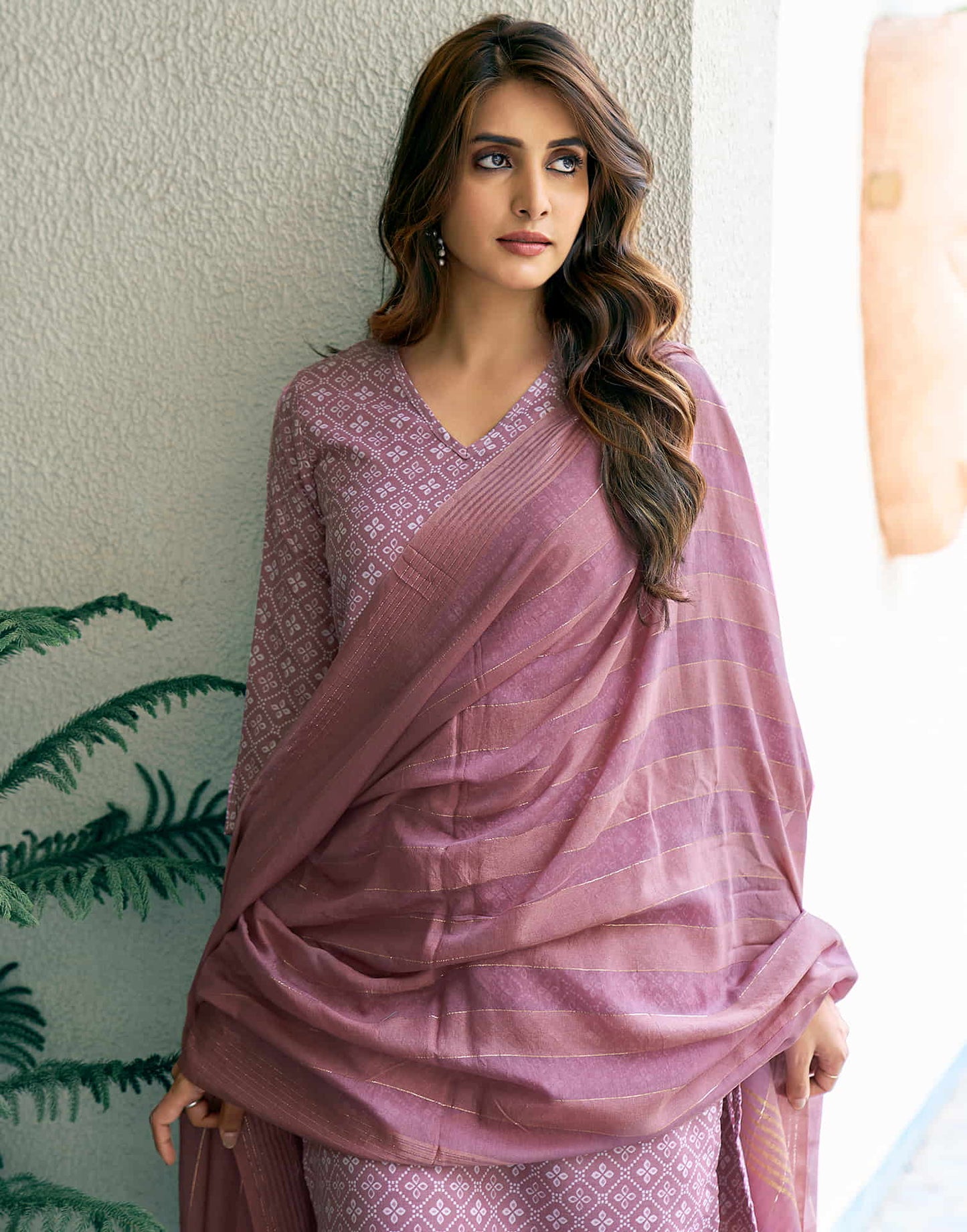 Mauve Printed Cotton Straight Kurta With Pant And Dupatta