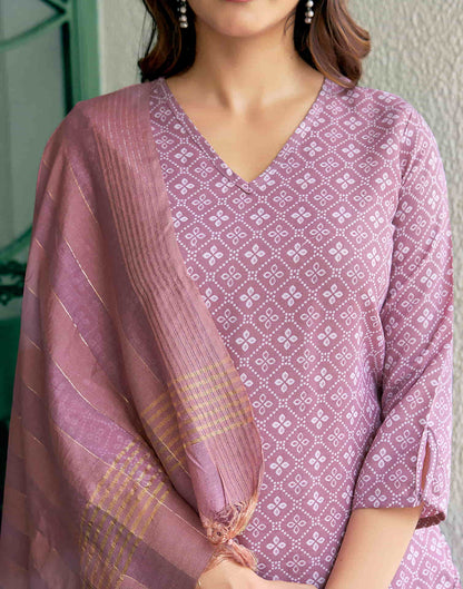 Mauve Printed Cotton Straight Kurta With Pant And Dupatta