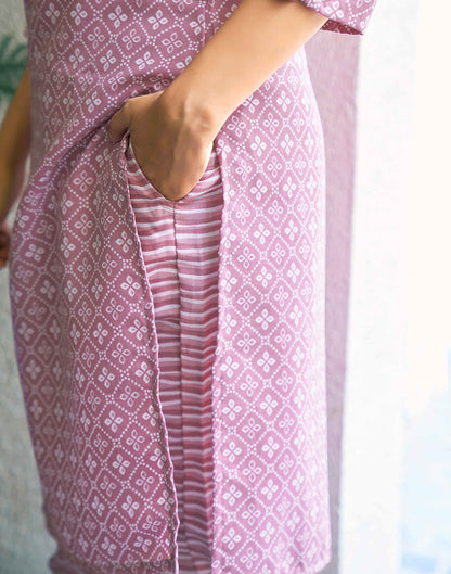 Mauve Printed Cotton Straight Kurta With Pant And Dupatta