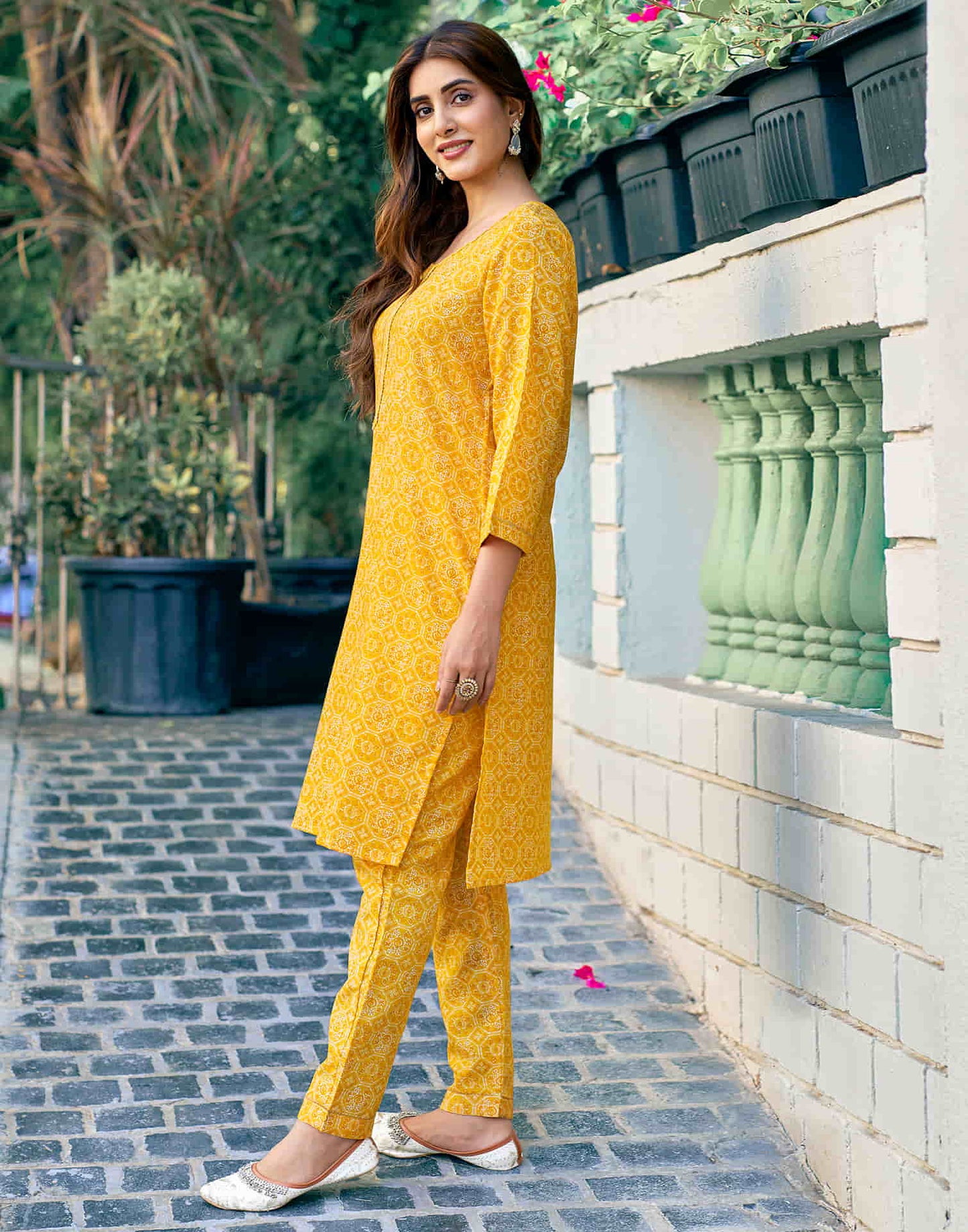 Yellow Printed Cotton Straight Kurta With Pant And Dupatta