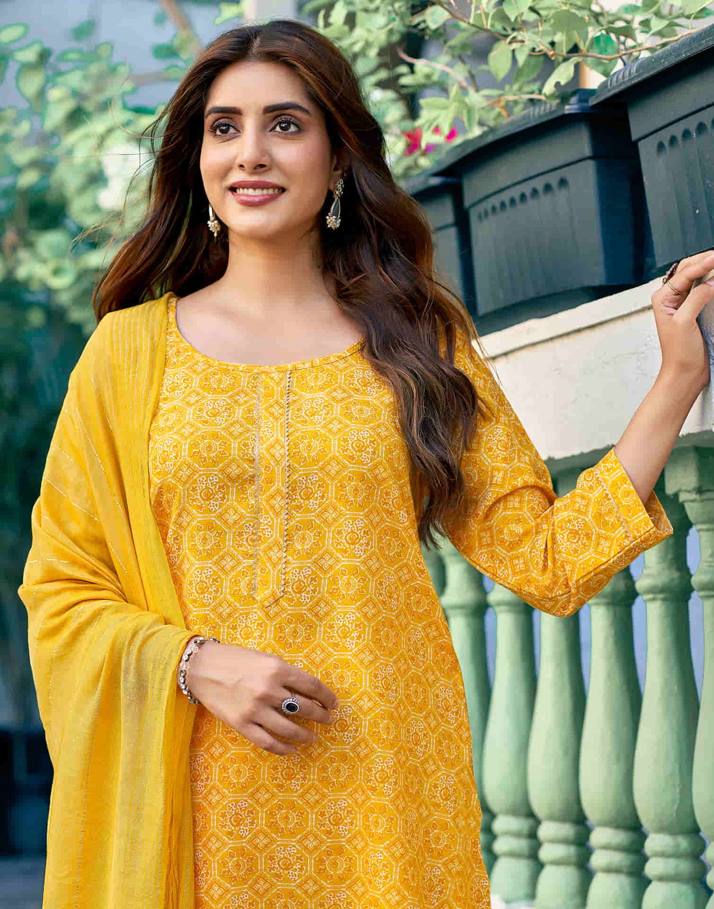 Yellow Printed Cotton Straight Kurta With Pant And Dupatta