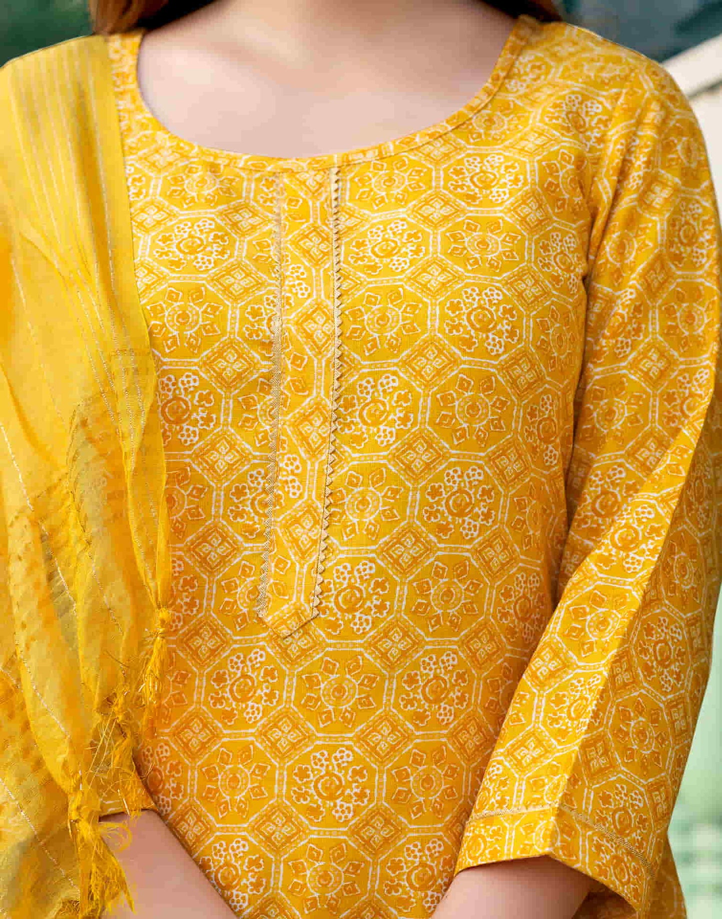 Yellow Printed Cotton Straight Kurta With Pant And Dupatta