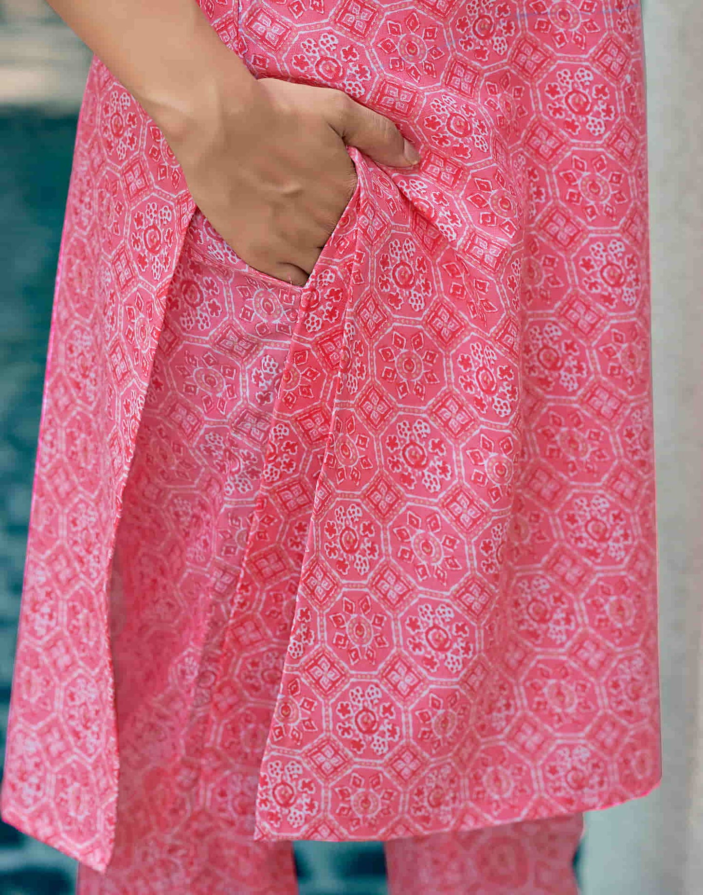 Pink Printed Cotton Straight Kurta With Pant And Dupatta