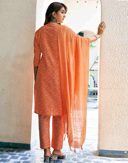 Orange Printed Cotton Straight Kurta With Pant And Dupatta