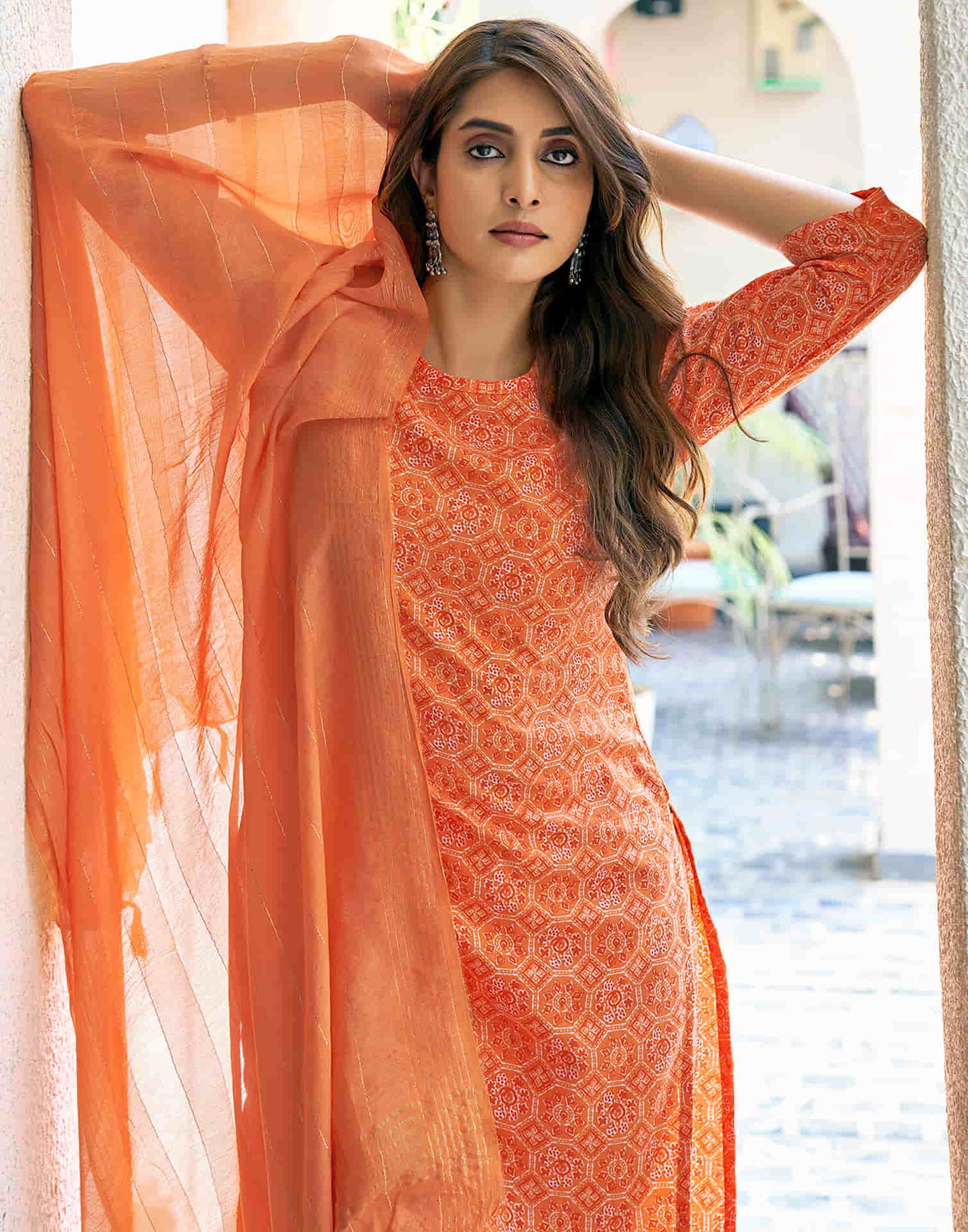 Orange Printed Cotton Straight Kurta With Pant And Dupatta