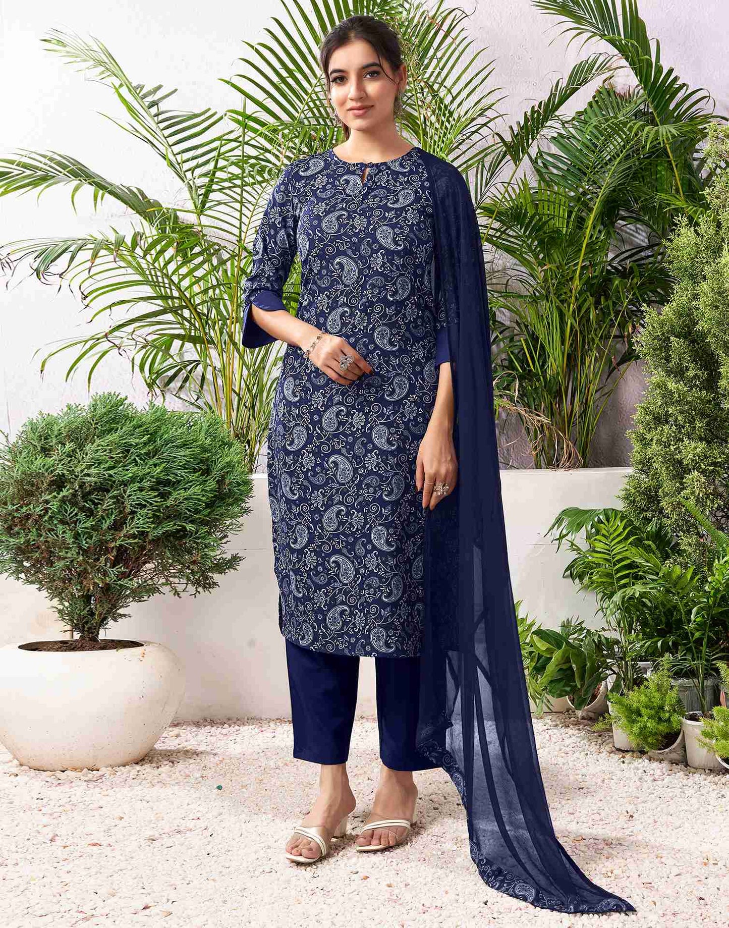 Navy Blue Polyester Printed Straight Kurta Set With Dupatta