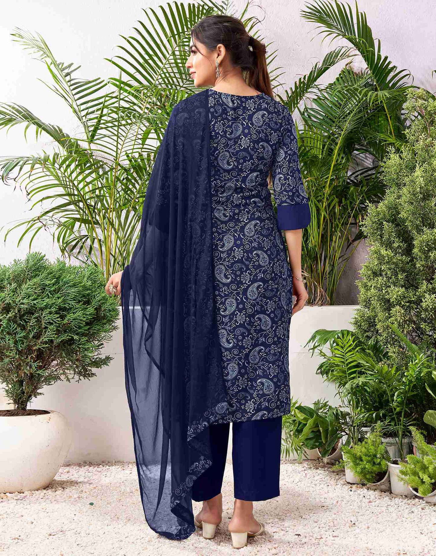 Navy Blue Polyester Printed Straight Kurta Set With Dupatta