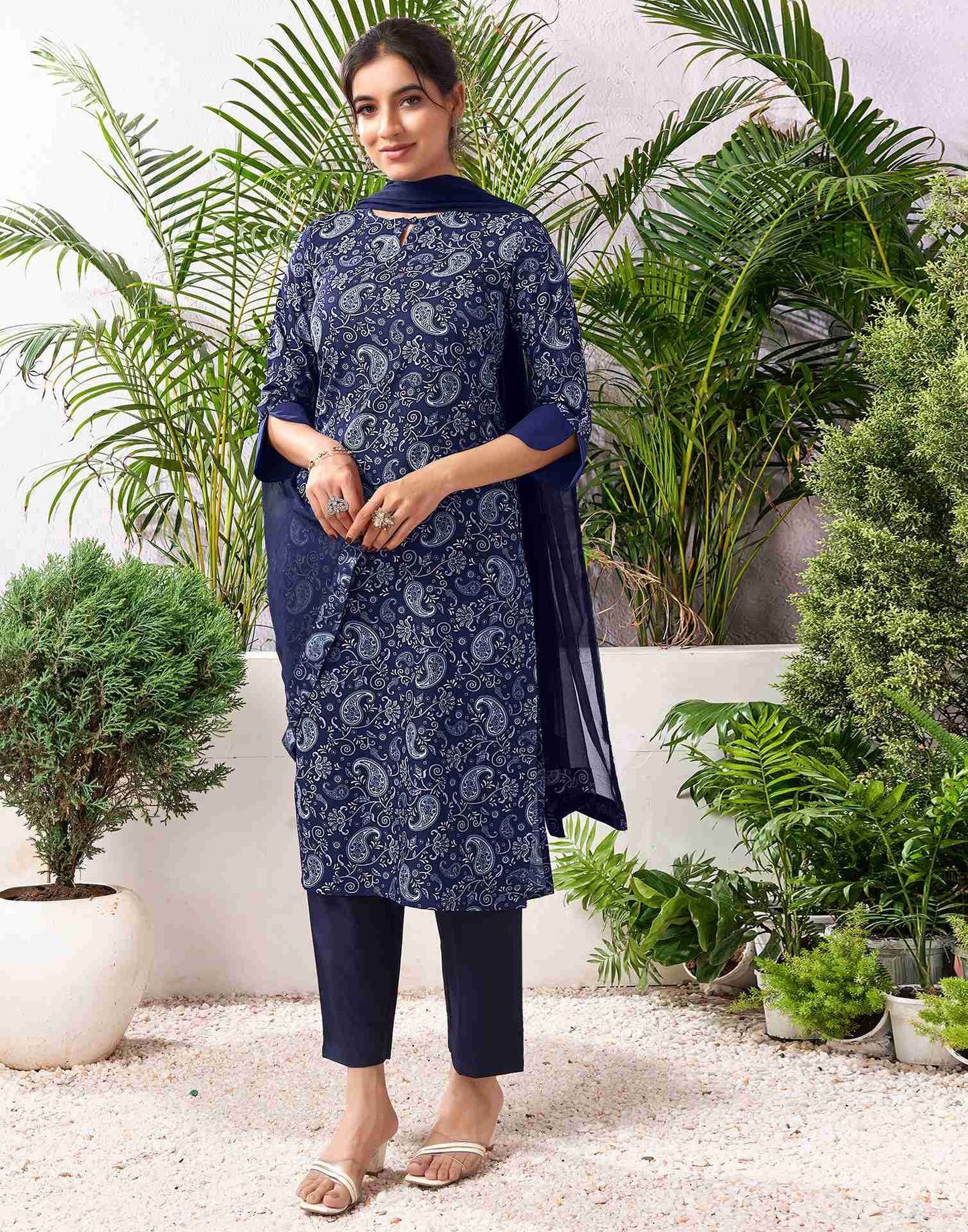 Navy Blue Polyester Printed Straight Kurta Set With Dupatta