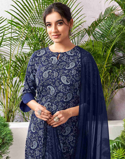 Navy Blue Polyester Printed Straight Kurta Set With Dupatta